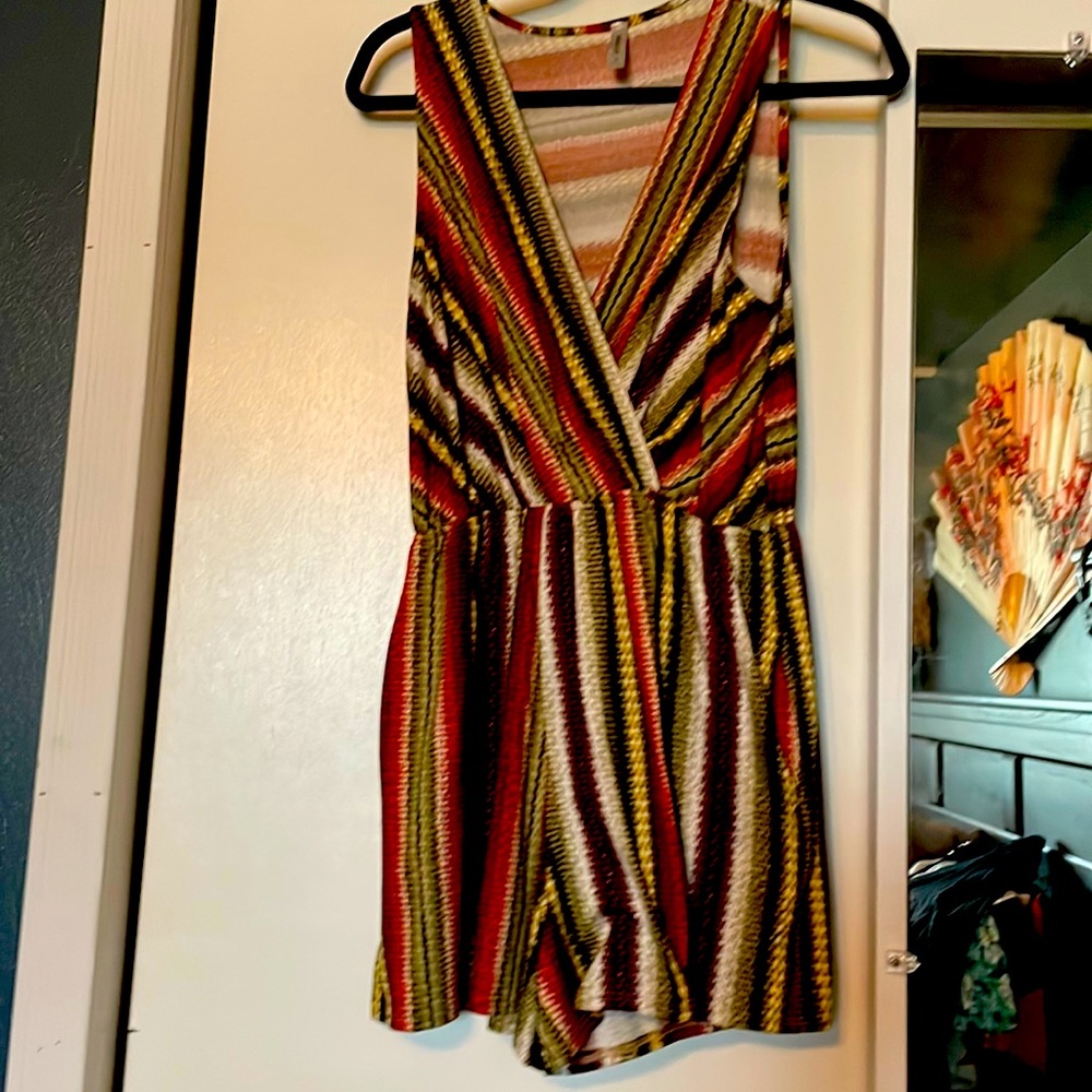 Striped Faux Wrap sleeveless romper Large